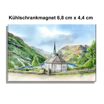 Kühlschrankmagnet Aquarell Kunst Druck Kunstdruck Norwegen Norge Norway Geiranger Fjord Kirche